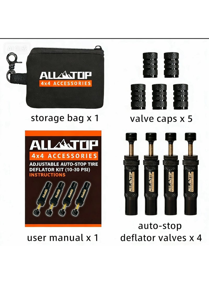 ALL-TOP عدة صمام تخفيف ضغط الإطارات القابل للتعديل مع نظام الإيقاف التلقائي، أداة خفض الهواء 10-30 PSI/BAR لإكسسوارات الطرق الوعرة، للسيارات، SUV، الشاحنات، 4 قطع - Image 2